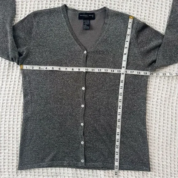 August Silk Shimmering Metallic Silver Knit Cardigan & Turtleneck Twinset SZ L - Picture 13 of 15